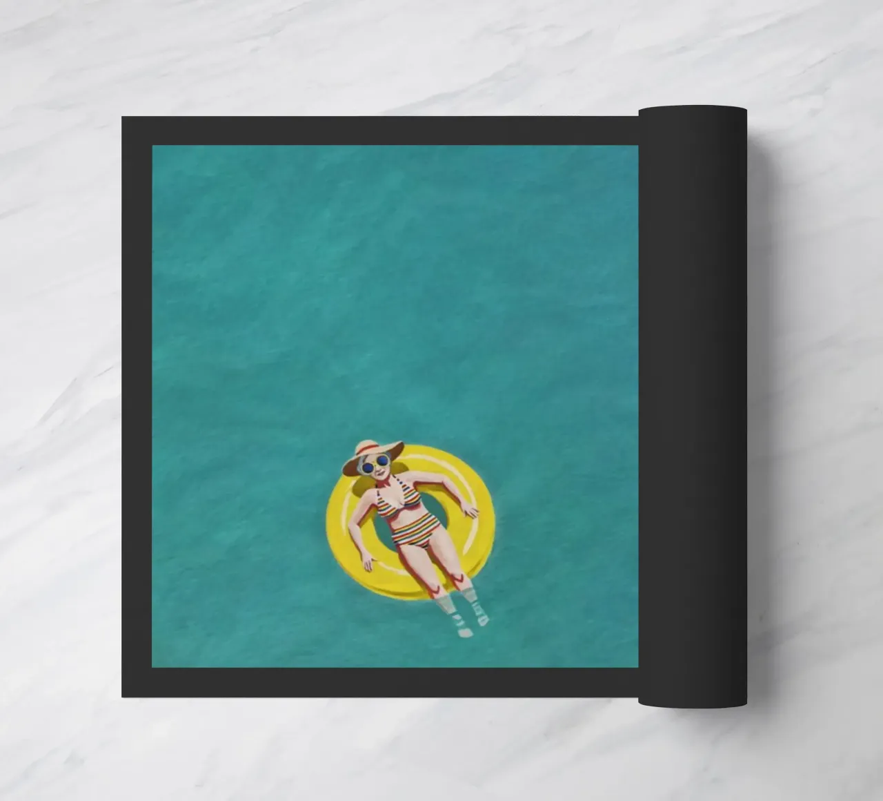 Nageur dérivant sur un beignet jaune, vue aérienne paillasson de Hecate Pim Designs