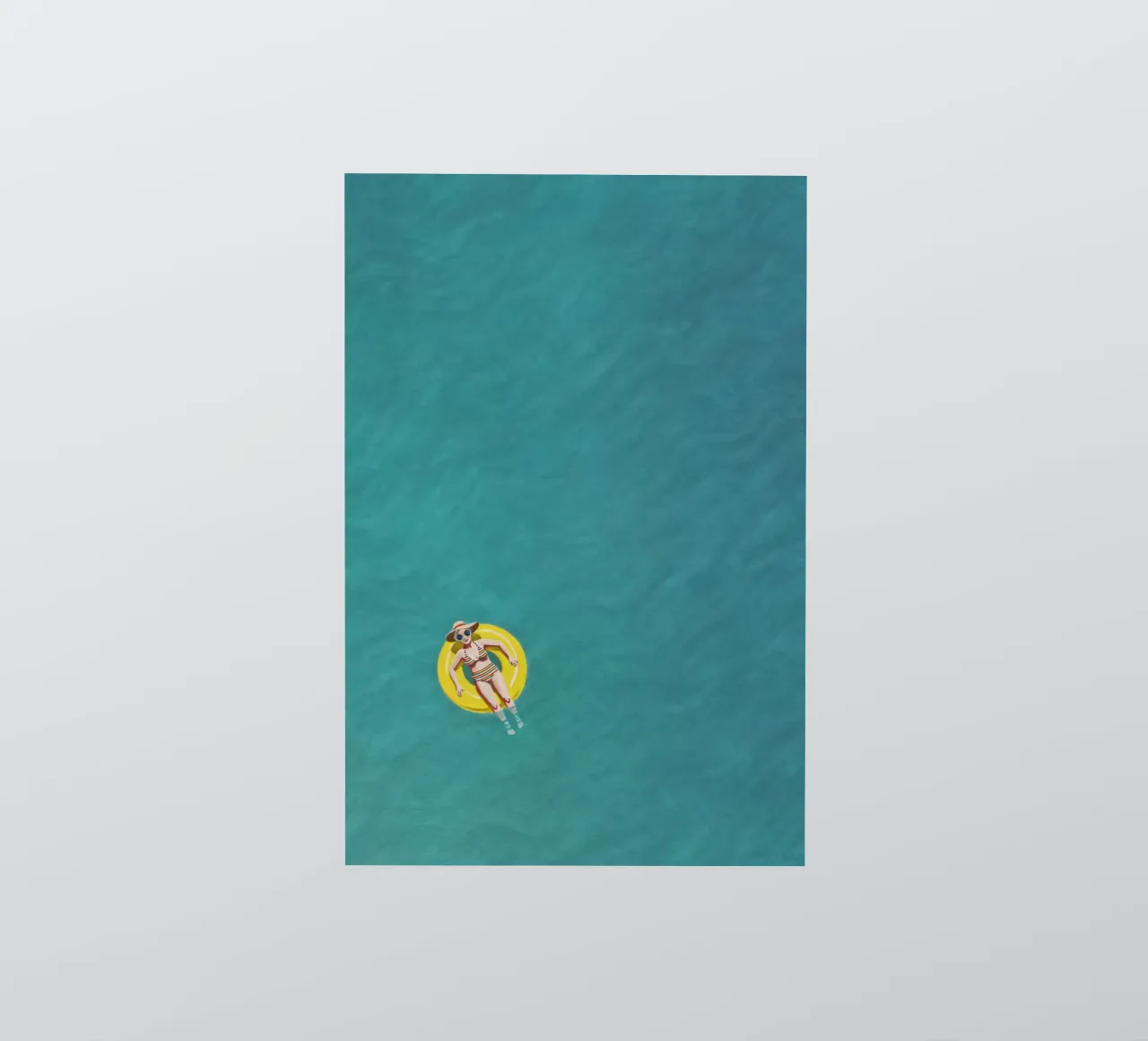 Nageur dérivant sur un beignet jaune, vue aérienne autocollant de Hecate Pim Designs