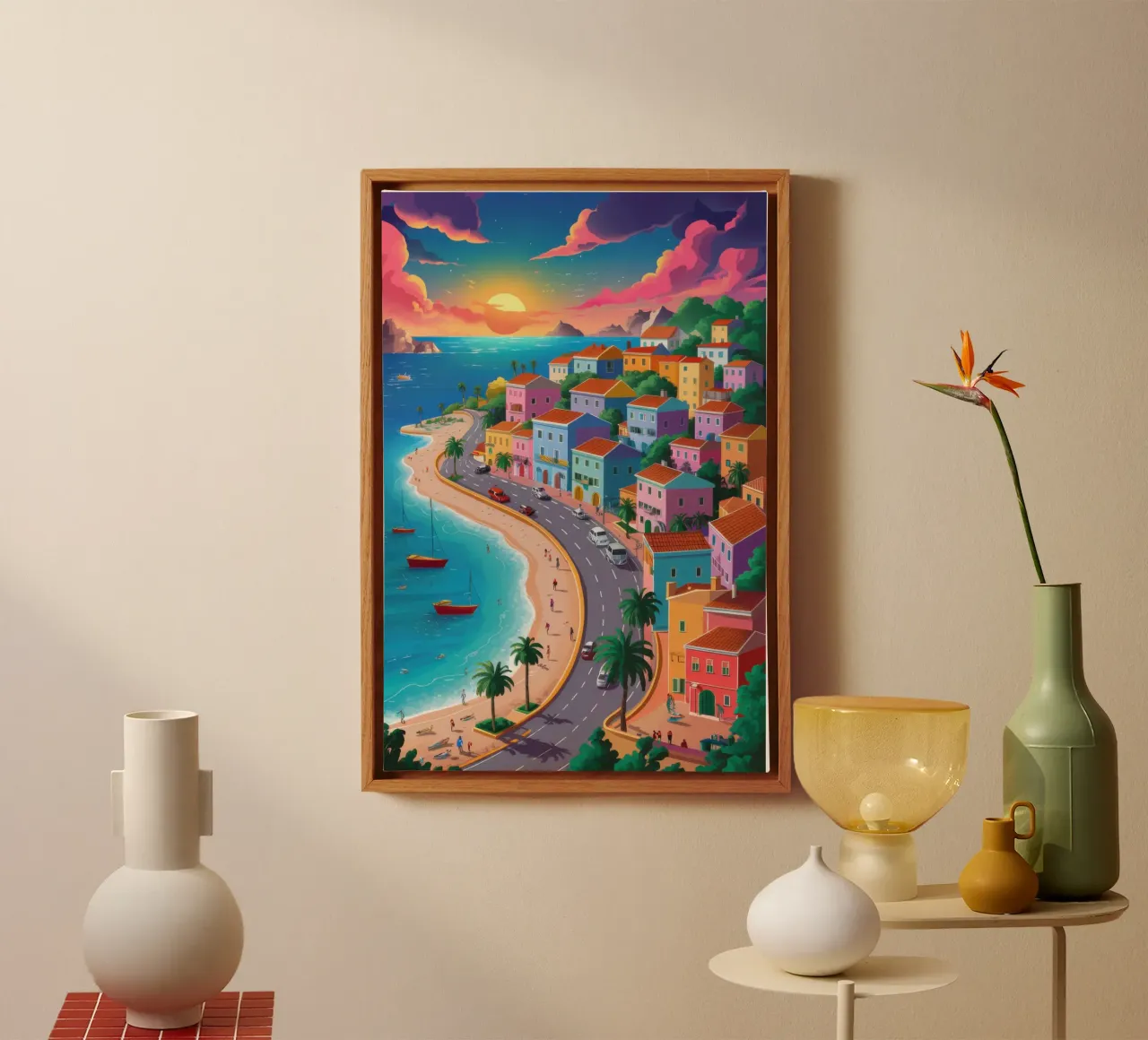 Zonsondergang Kustweg canvas met Baklijst van Sure Paint