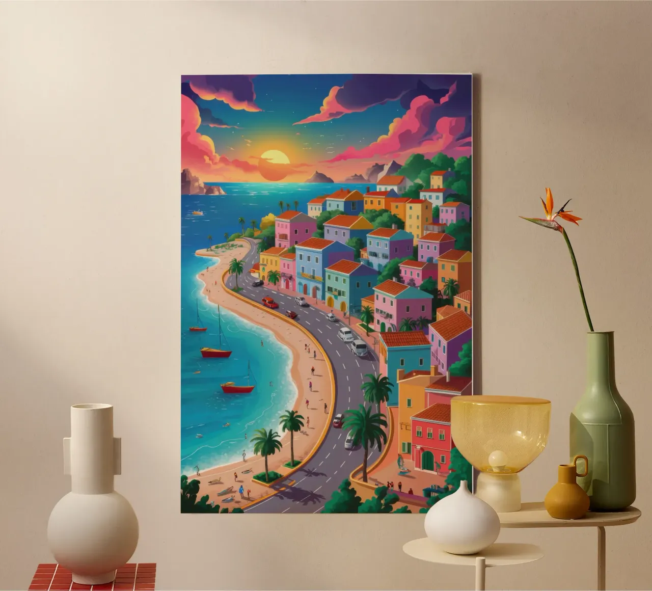 Zonsondergang Kustweg canvas met Baklijst van Sure Paint