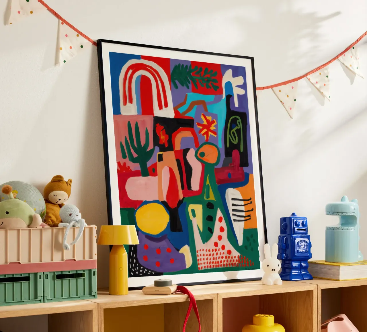 Abstraction arc-en-ciel joyeuse poster avec cadre en bois de Enter Bloom