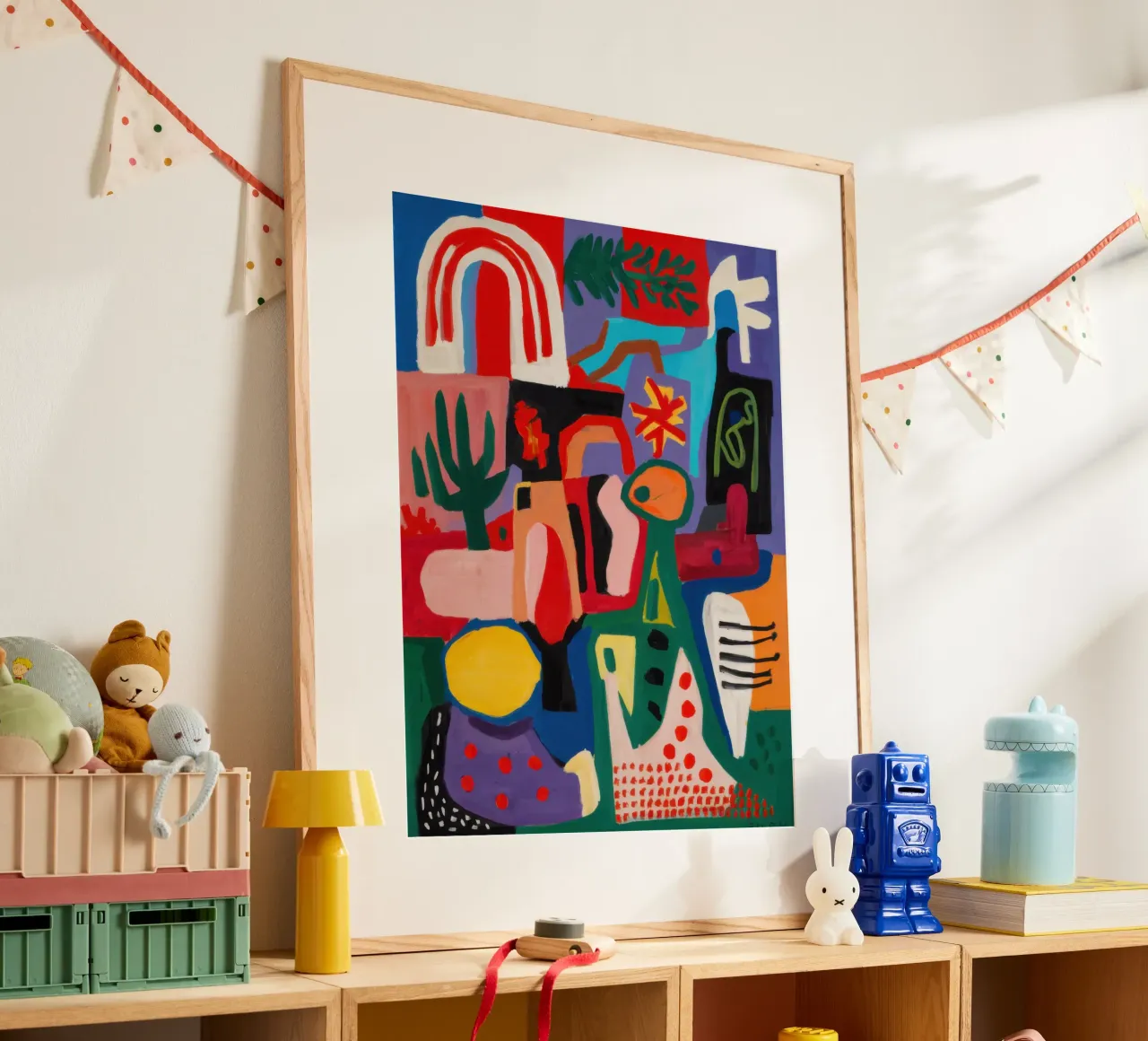 Abstraction arc-en-ciel joyeuse poster avec cadre en bois de Enter Bloom