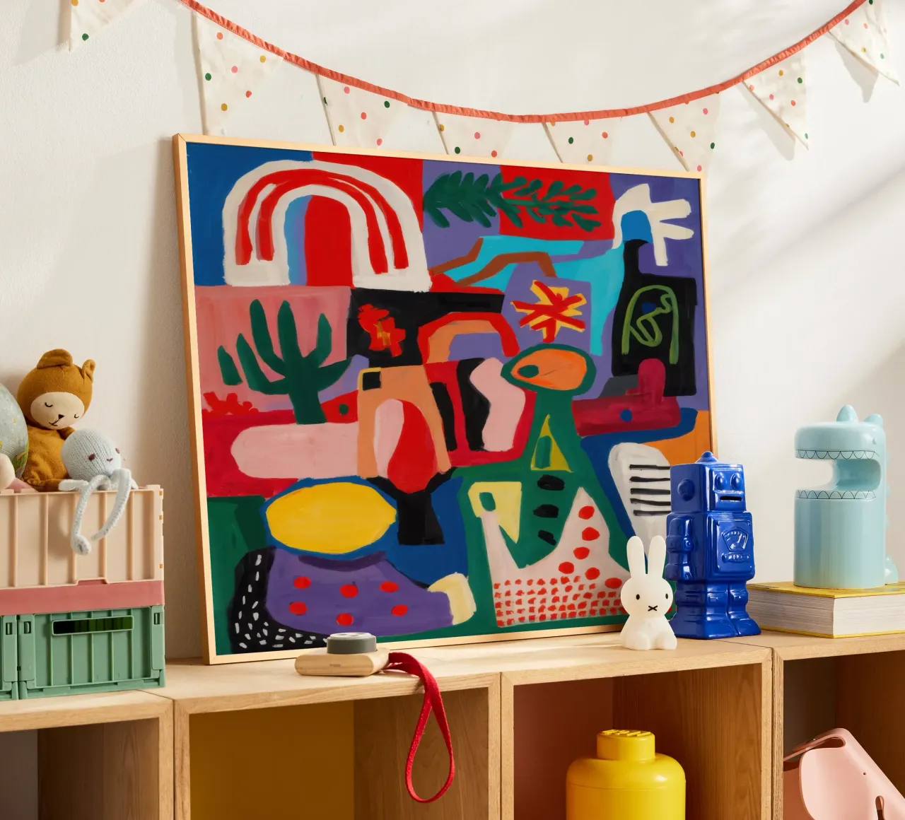 Abstraction arc-en-ciel joyeuse poster avec cadre en bois de Enter Bloom