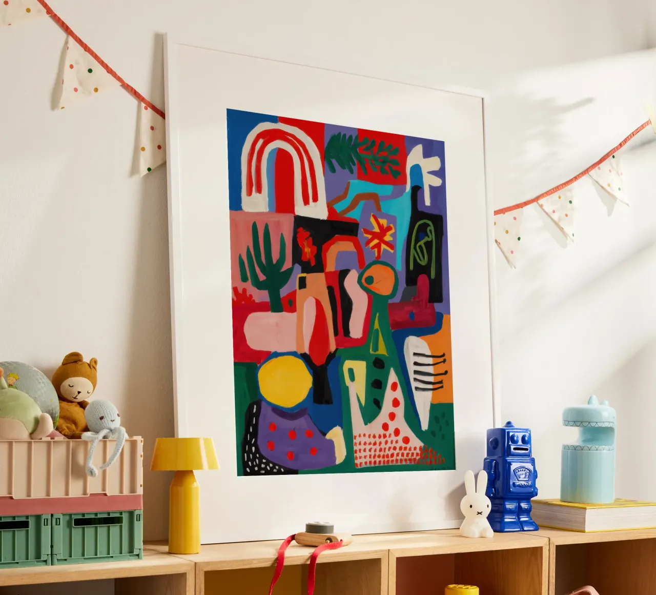 Abstraction arc-en-ciel joyeuse poster avec cadre en bois de Enter Bloom