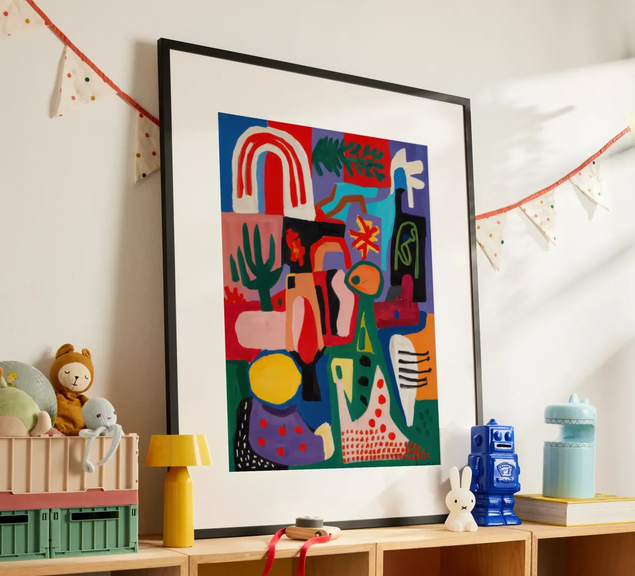 Abstraction arc-en-ciel joyeuse poster avec cadre en bois de Enter Bloom
