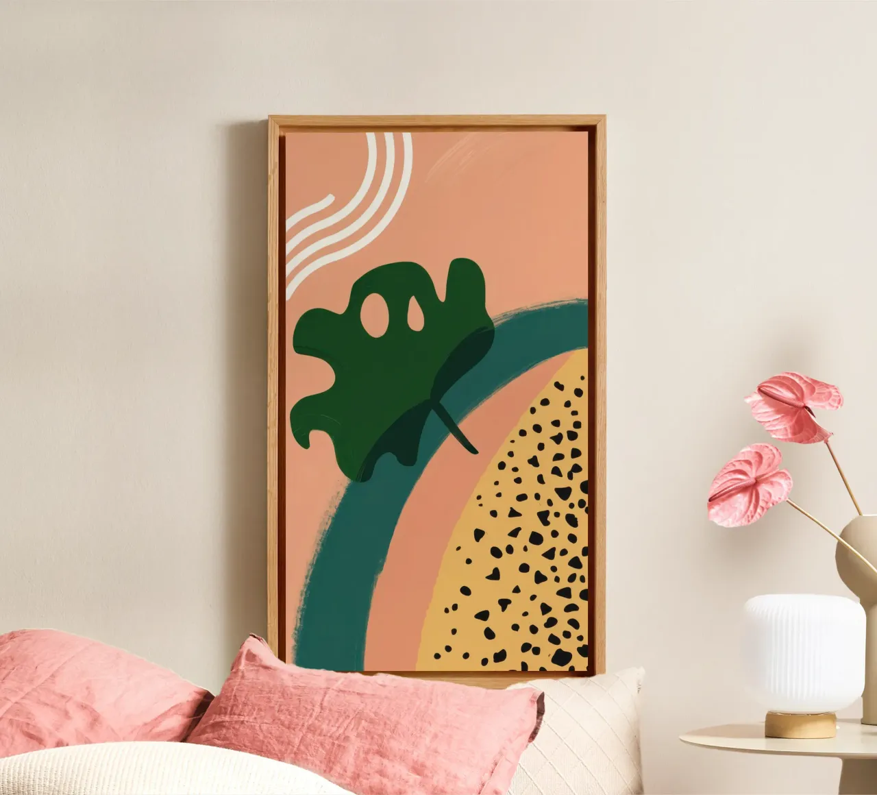 Minimalistische bladvorm canvas met Baklijst van Sure Paint