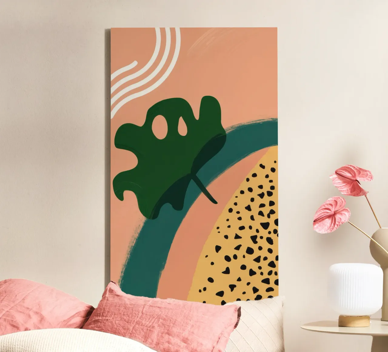 Minimalistische bladvorm canvas met Baklijst van Sure Paint