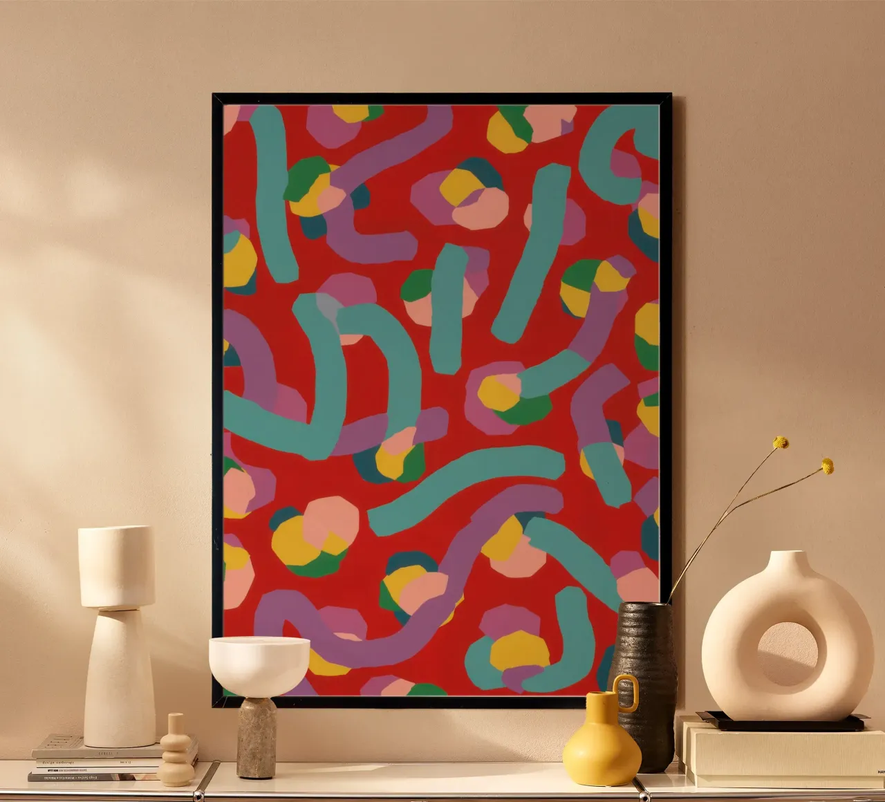 Crimson Confetti Rain poster con telaio in legno da Enter Bloom