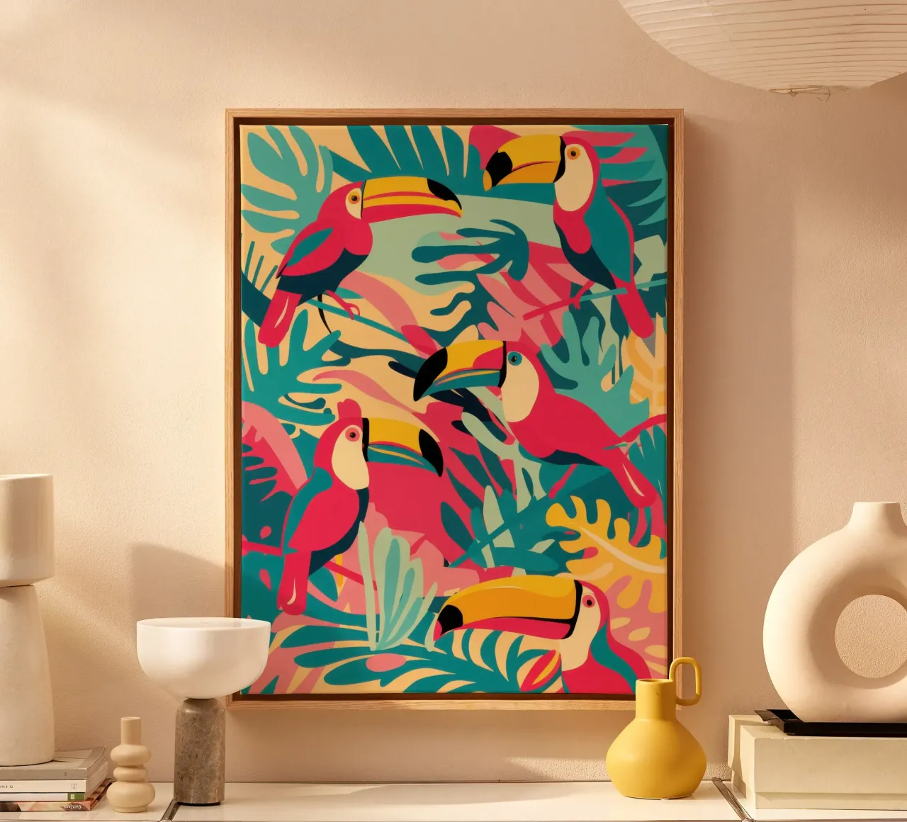 Toucan and Flamingo Fiesta canvas with Floater frame by Wish Studio