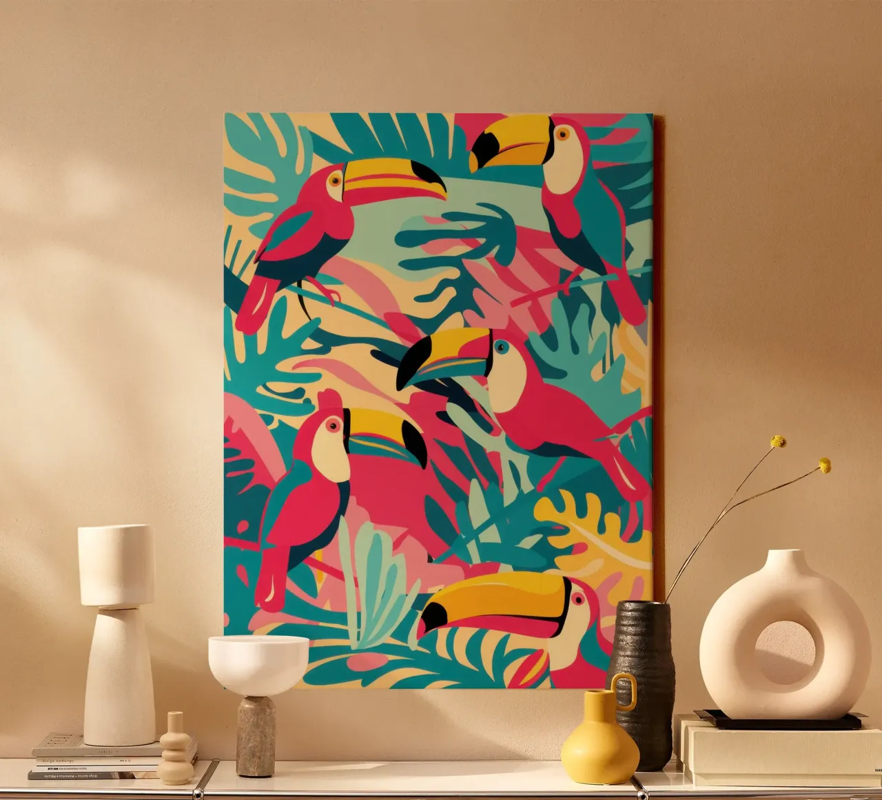 Toucan and Flamingo Fiesta canvas with Floater frame by Wish Studio