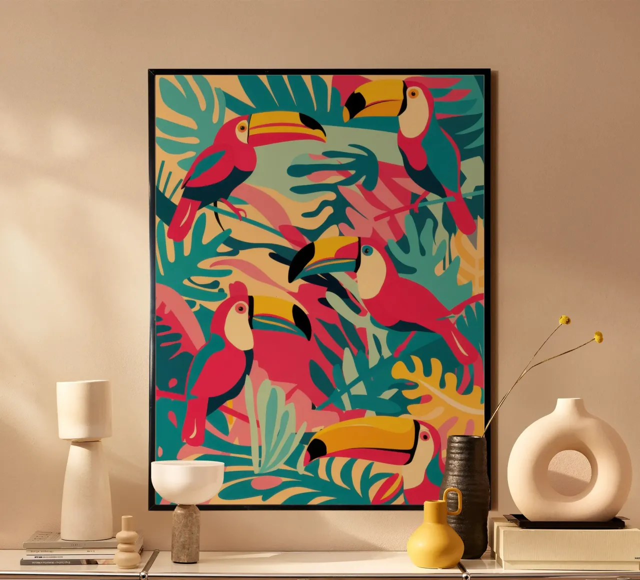 Toucan and Flamingo Fiesta poster with wooden frame by Wish Studio