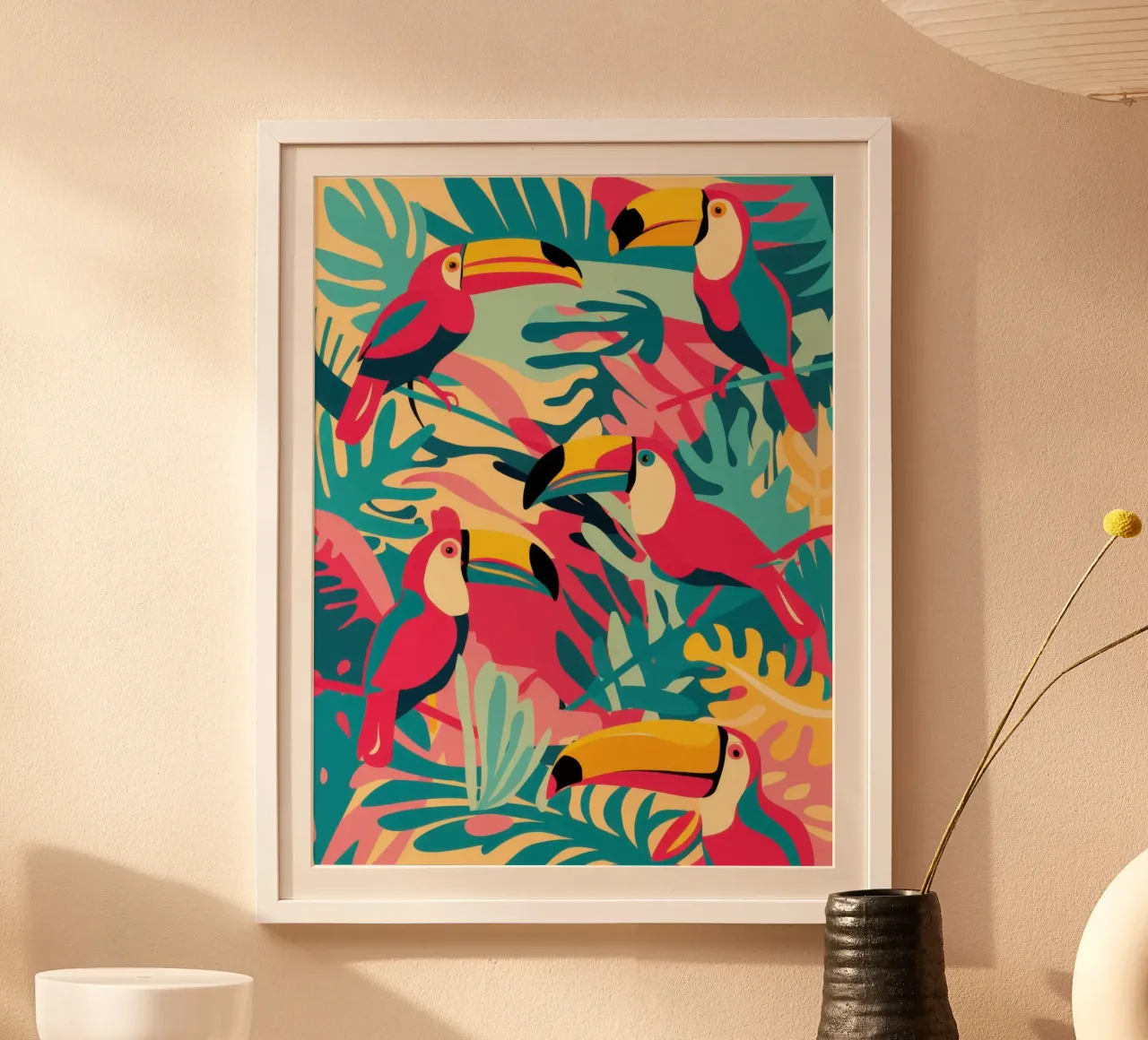 Toucan and Flamingo Fiesta poster with wooden frame by Wish Studio