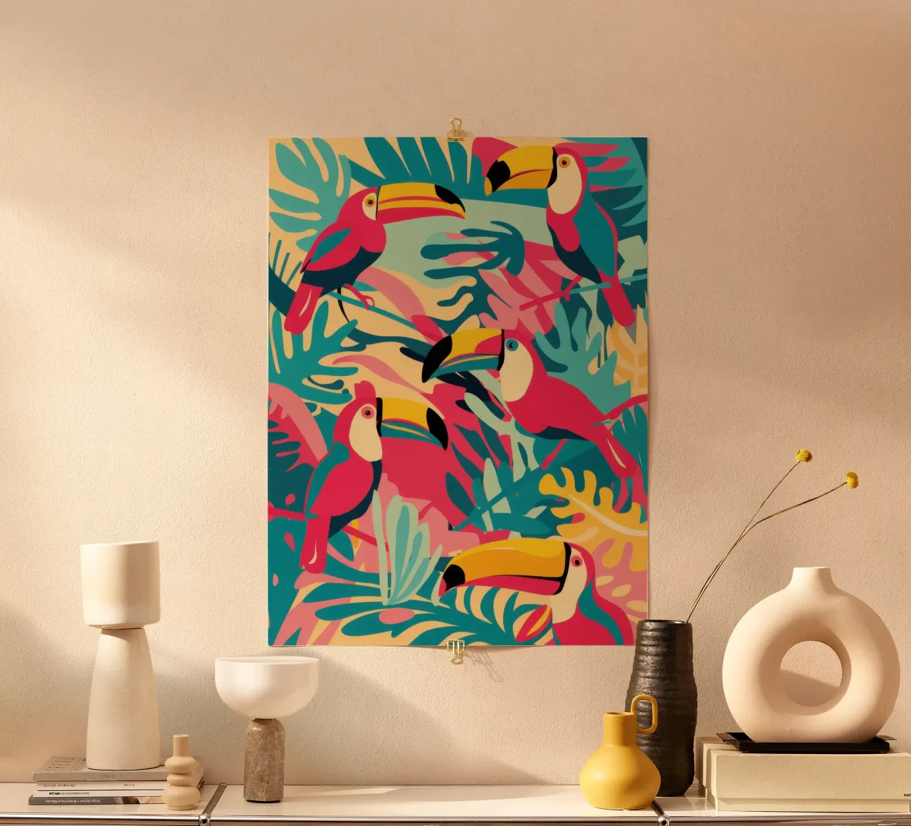 Toucan and Flamingo Fiesta poster with wooden frame by Wish Studio