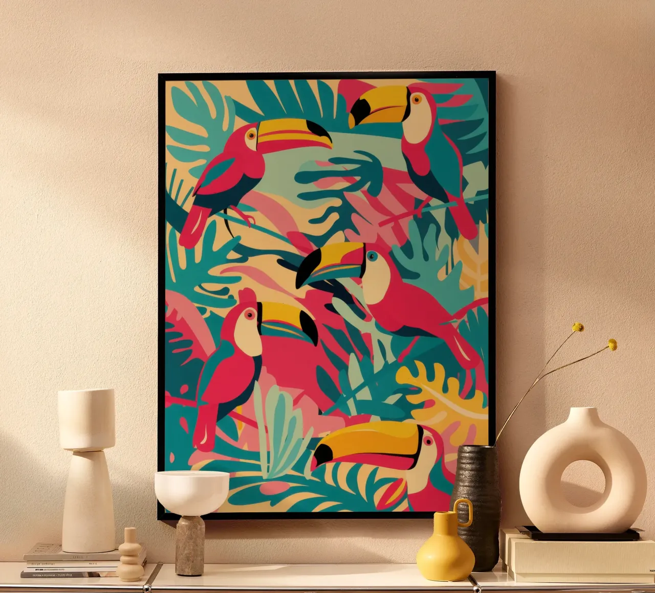 Toucan and Flamingo Fiesta poster with wooden frame by Wish Studio