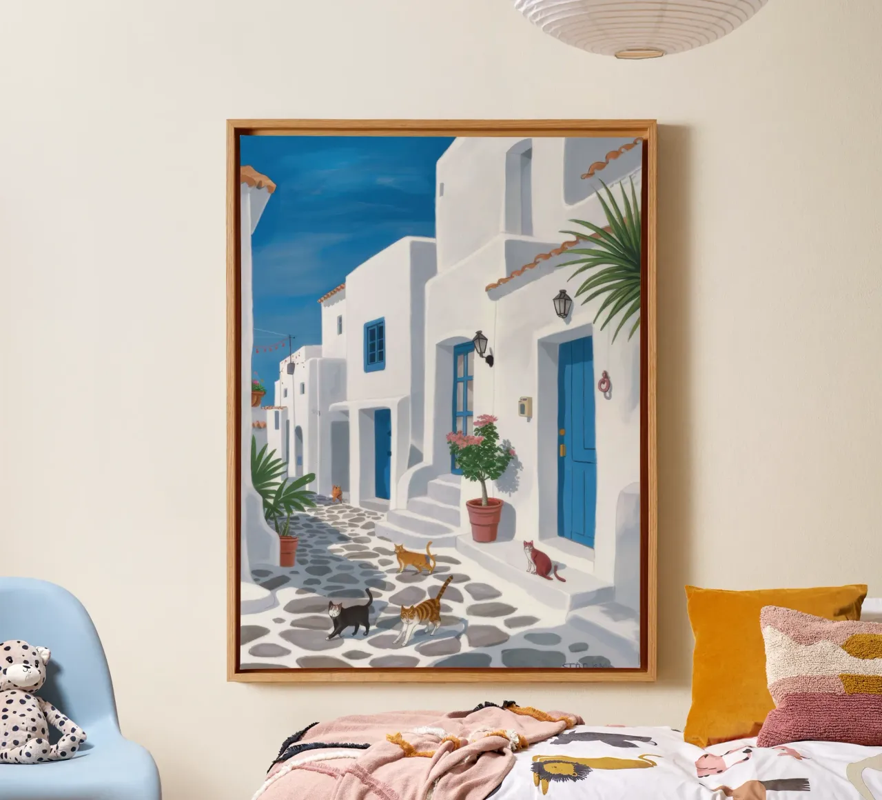 Blaue Tür in der Ägäis Leinwand mit Schattenfugenrahmen von Sure Paint