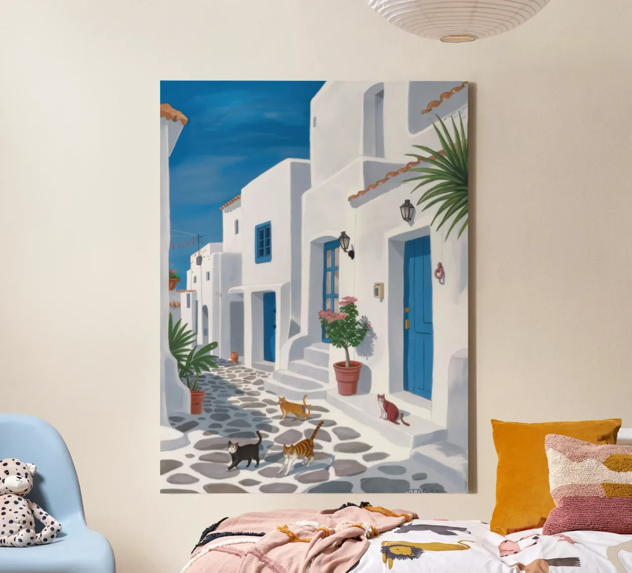 Blaue Tür in der Ägäis Leinwand mit Schattenfugenrahmen von Sure Paint