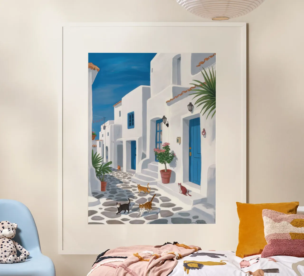 Blaue Tür in der Ägäis Poster mit Kunststoffrahmen von Sure Paint