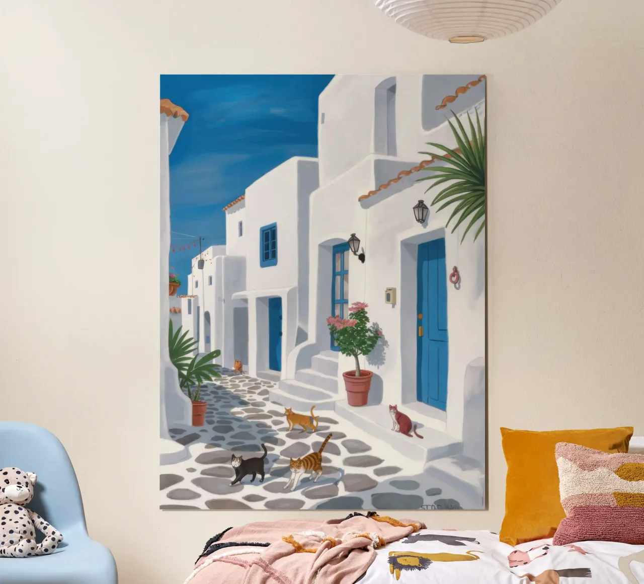 Blaue Tür in der Ägäis Poster mit Kunststoffrahmen von Sure Paint