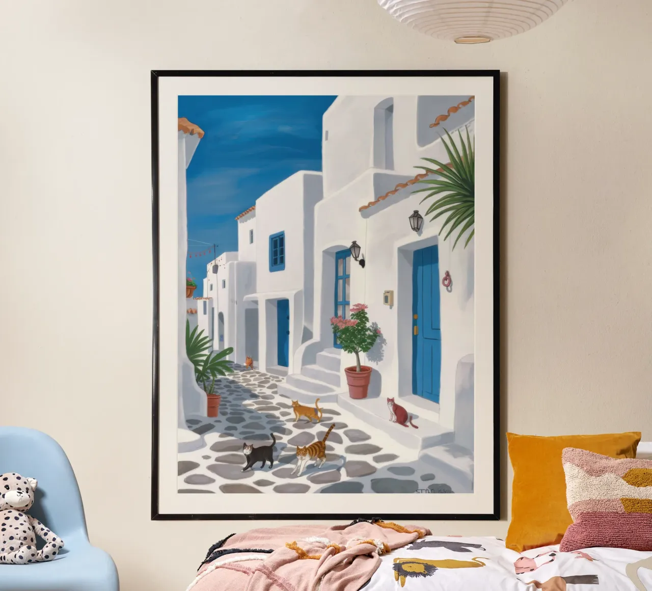 Blaue Tür in der Ägäis Poster mit Kunststoffrahmen von Sure Paint