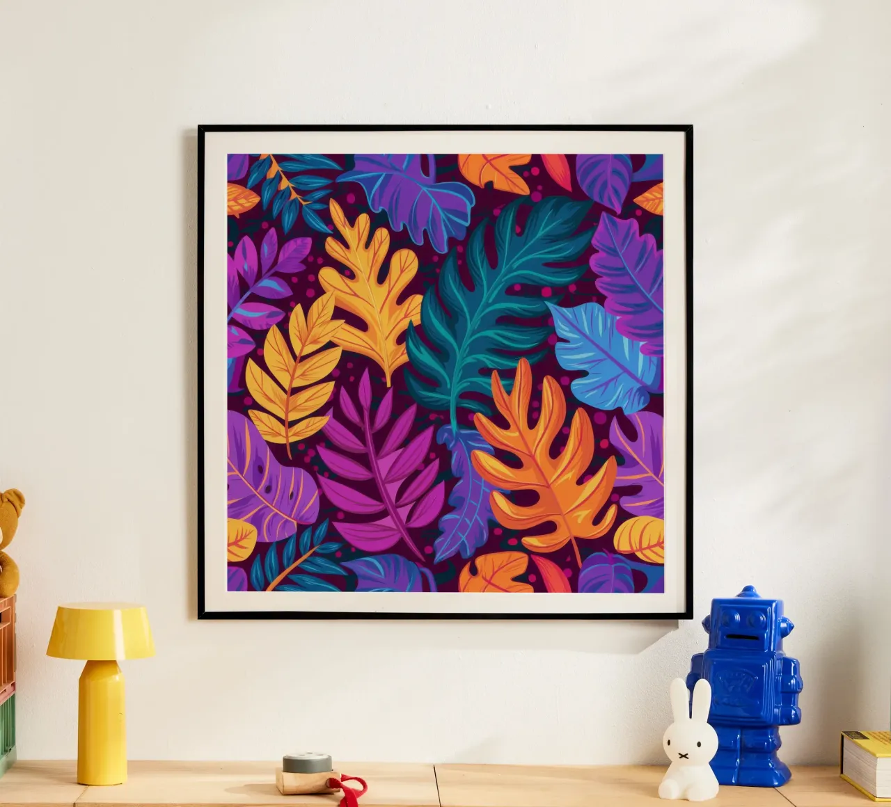 Notturno di foglie elettriche poster con telaio in alluminio da Wish Studio
