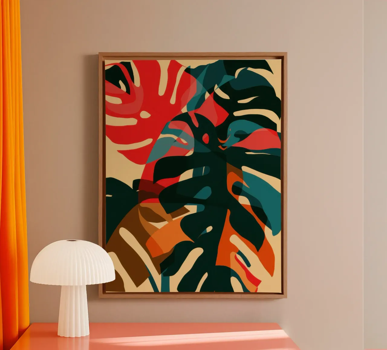 Karmozijnrood Monstera canvas met Baklijst van Orchid Patina