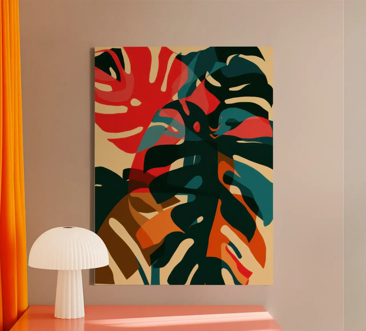 Karmozijnrood Monstera canvas met Baklijst van Orchid Patina
