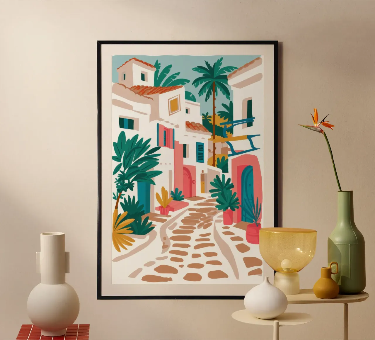 Cobblestone Alley Stroll poster con telaio in legno da Enter Bloom