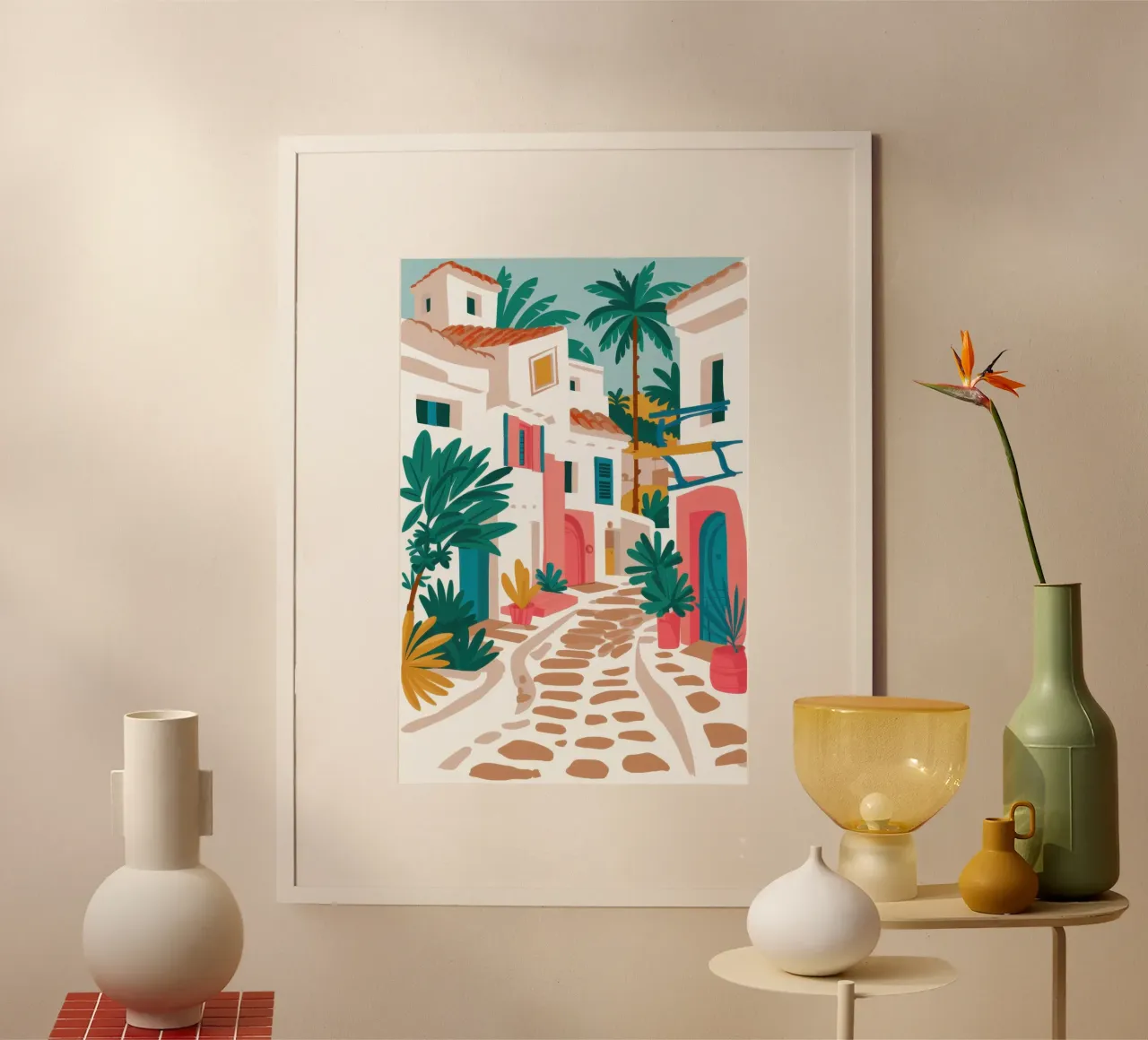 Cobblestone Alley Stroll poster con telaio in legno da Enter Bloom