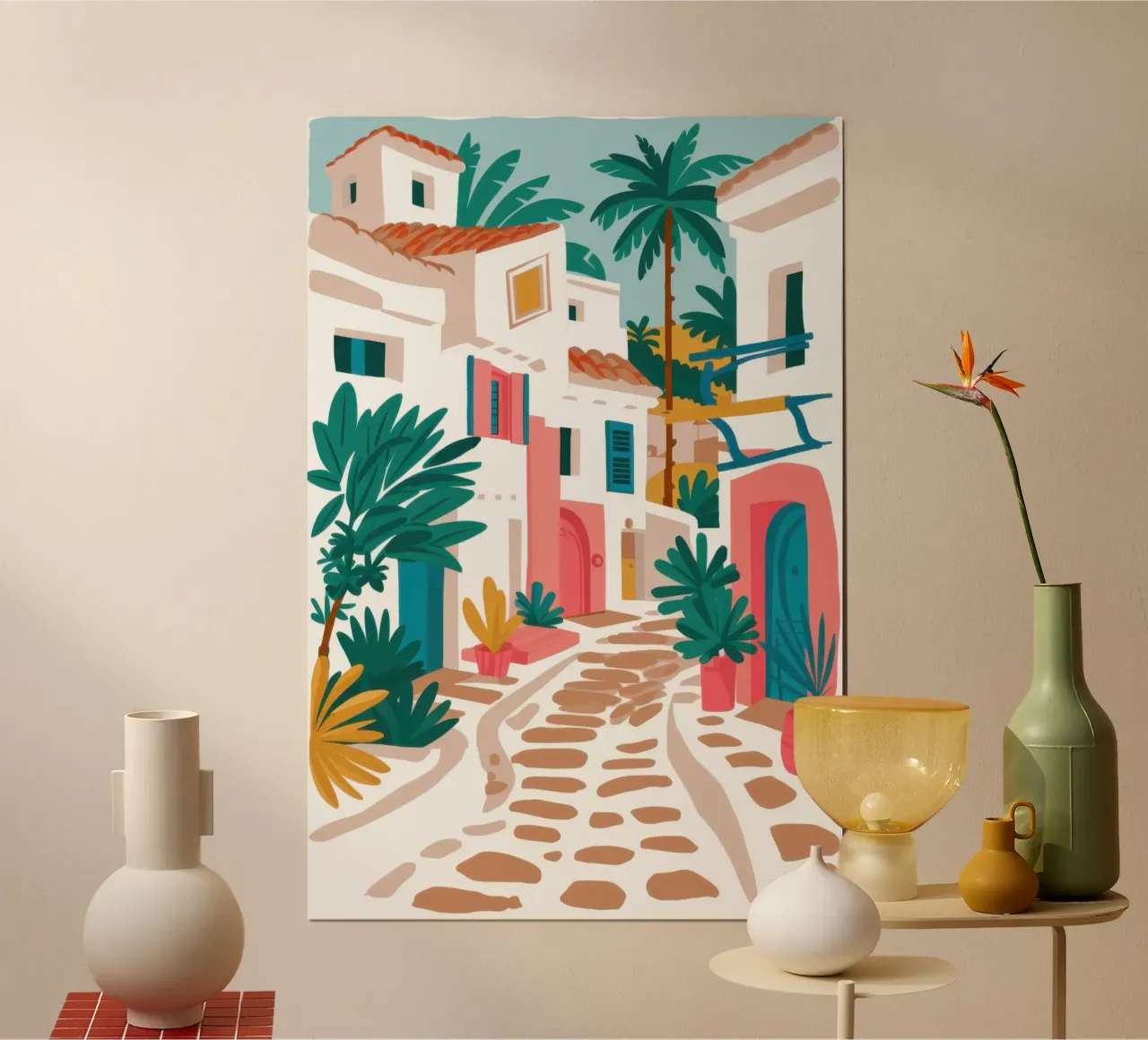 Cobblestone Alley Stroll poster con telaio in legno da Enter Bloom