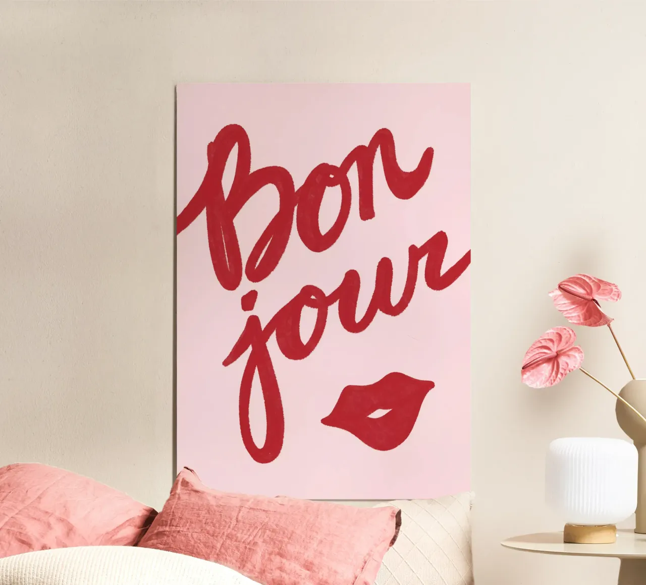 Bon Jour Lips poster con telaio in alluminio da Athene Fritsch