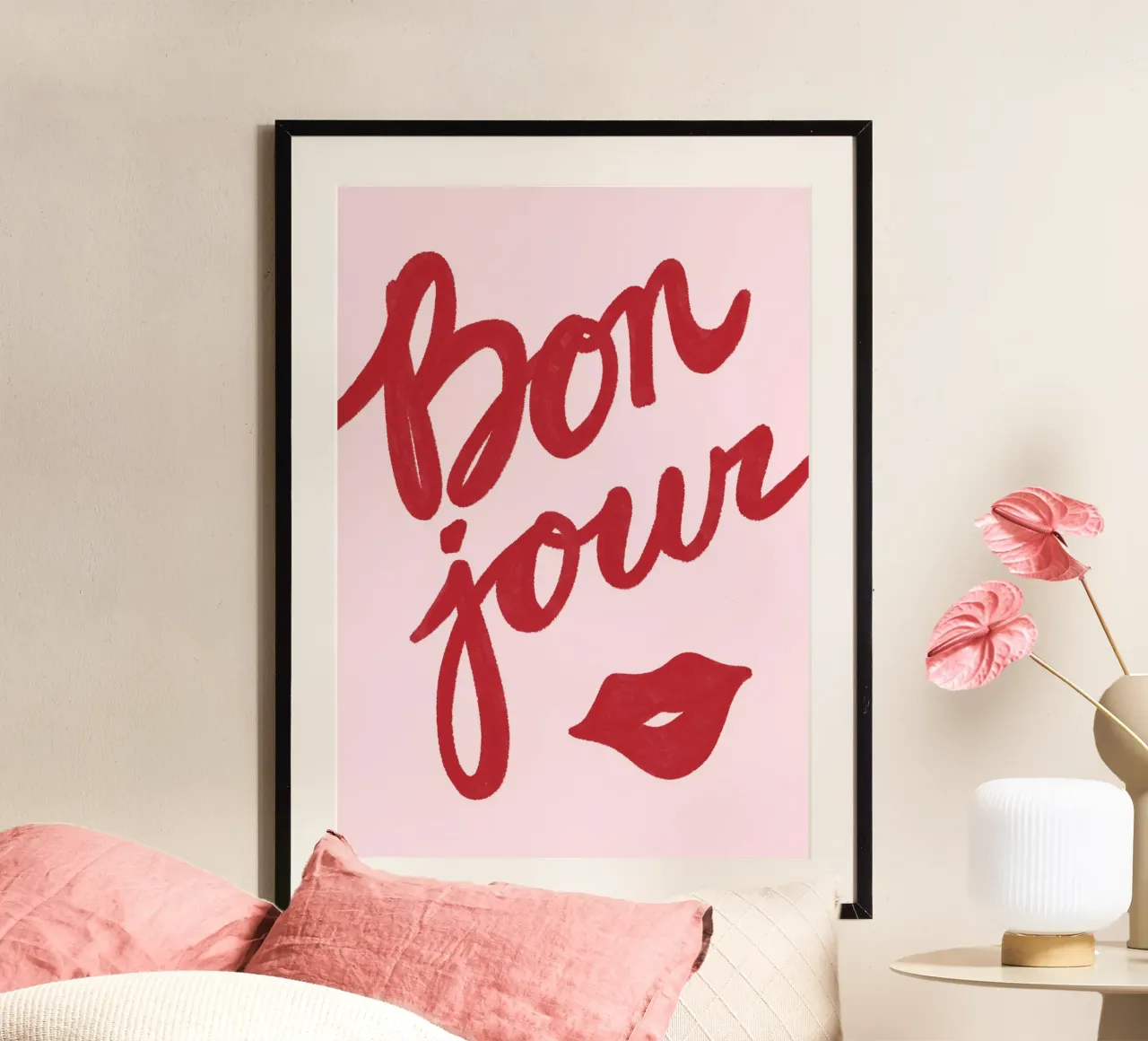 Bon Jour Lips poster con telaio in alluminio da Athene Fritsch