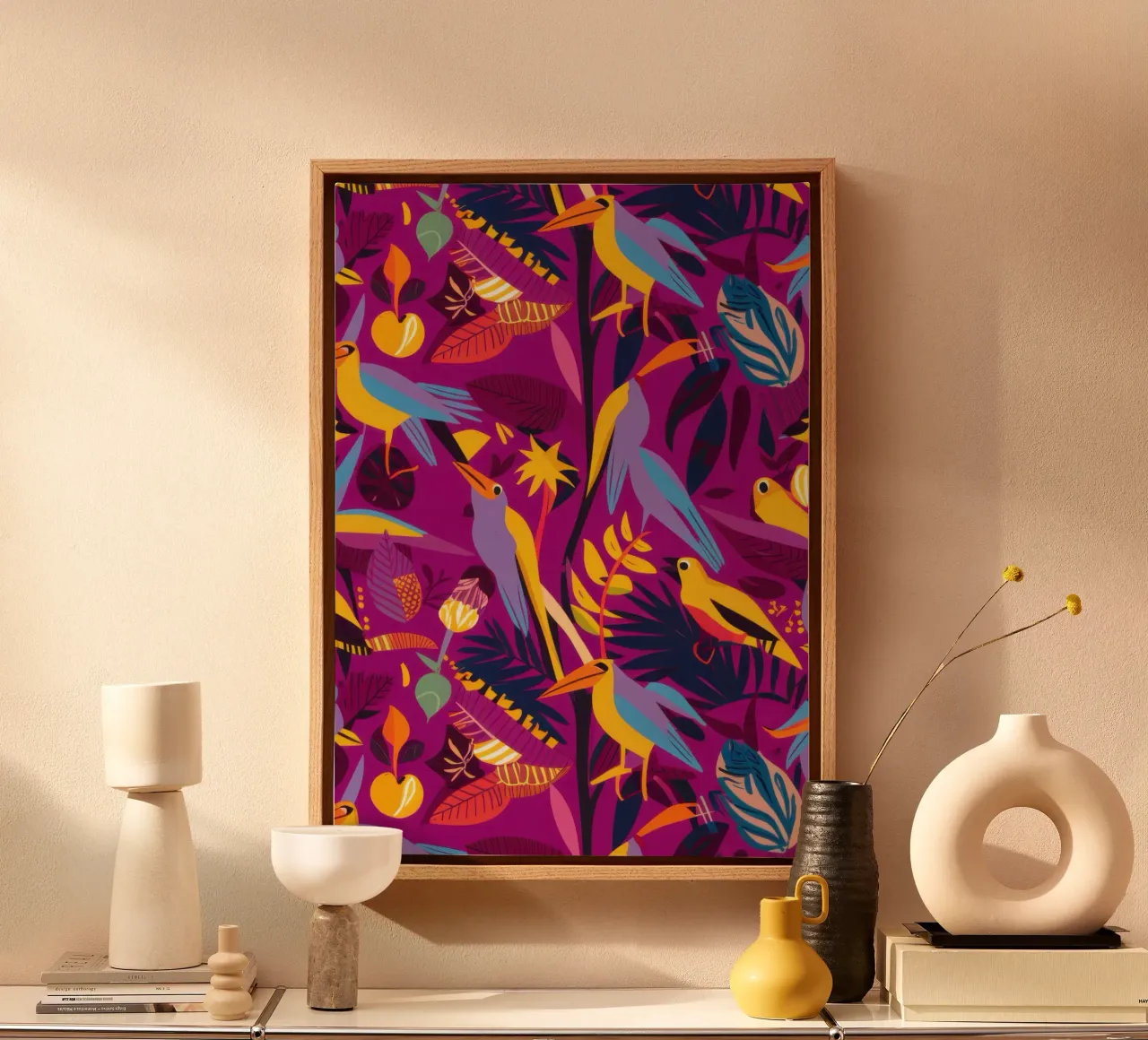 Exotic Avian Chaos canvas with Floater frame by Echo Saber
