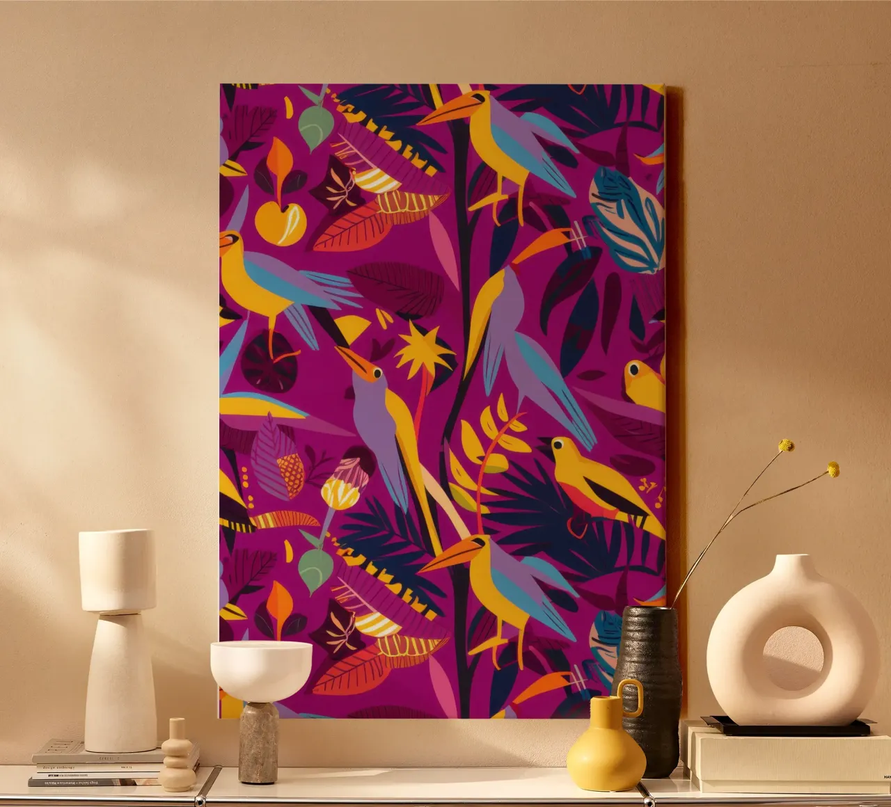 Exotic Avian Chaos canvas with Floater frame by Echo Saber