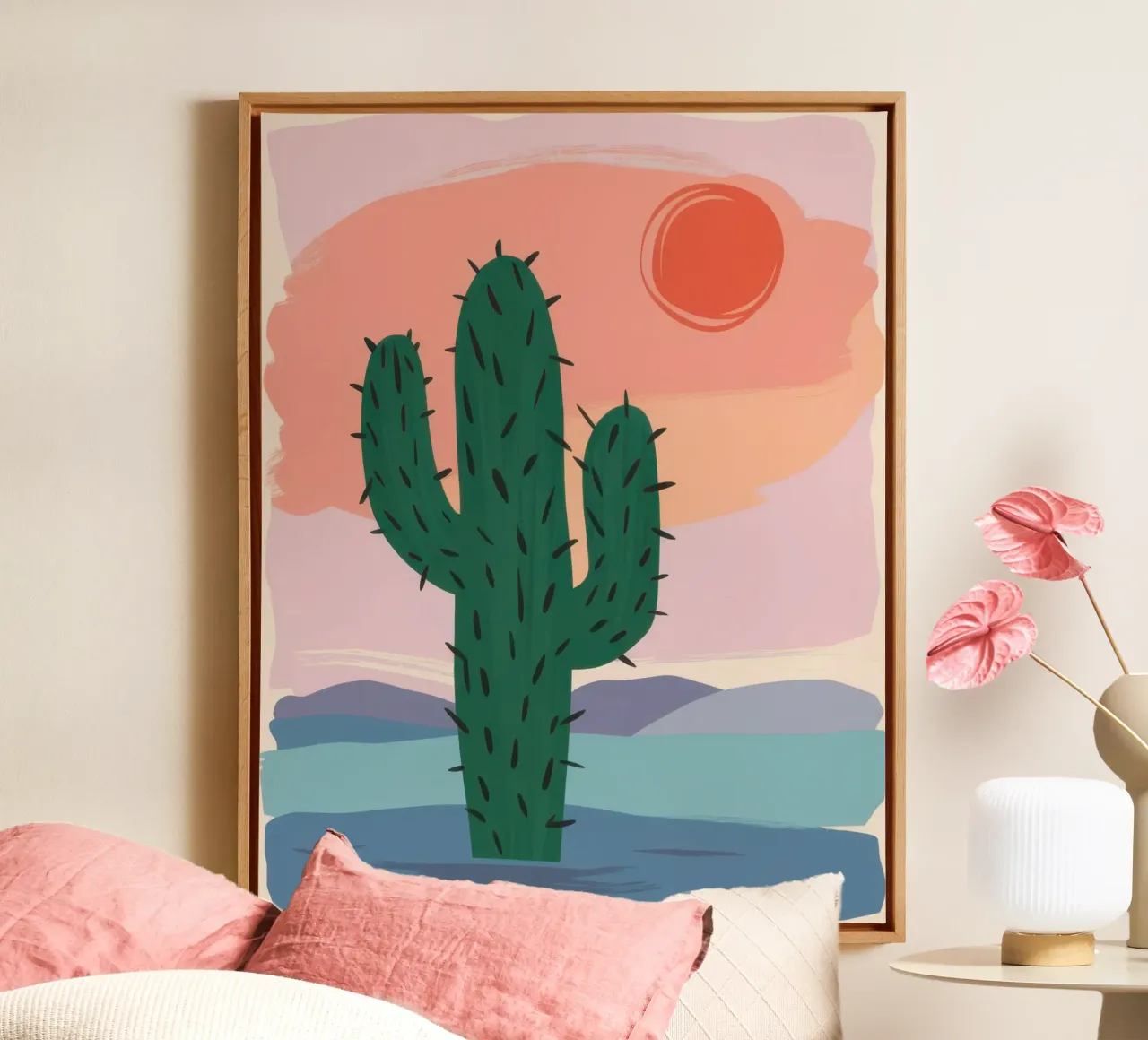 Woestijncactus zonsondergang canvas met Baklijst van Enter Bloom