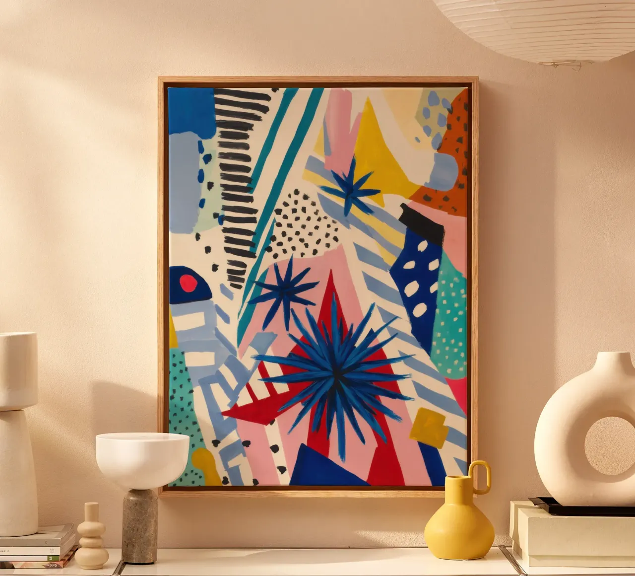 Dynamischer geometrischer Abstrakt Leinwand mit Schattenfugenrahmen von Orchid Patina