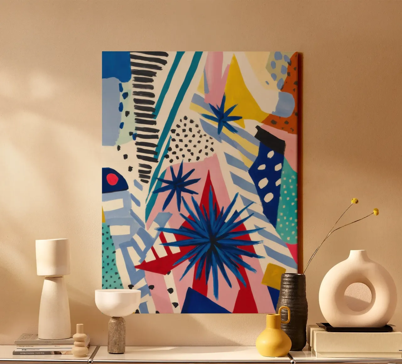 Dynamischer geometrischer Abstrakt Leinwand mit Schattenfugenrahmen von Orchid Patina