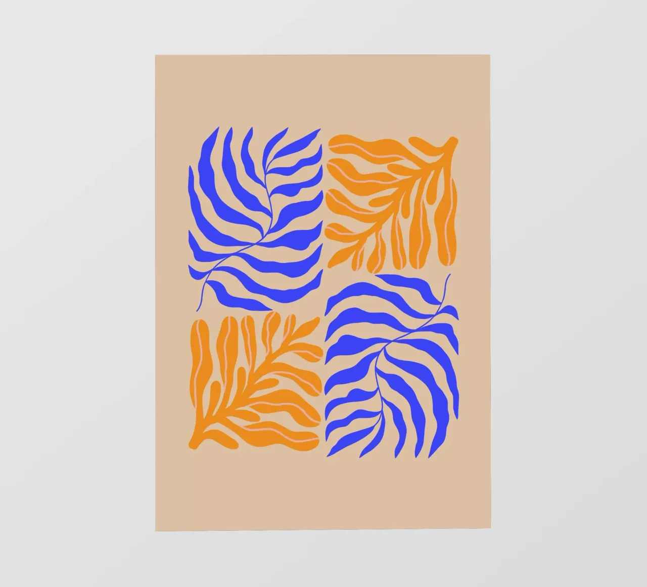 Modern Botanical Art Print | Blue and Orange Abstract Leaves telo in pvc da PrintCessStudio