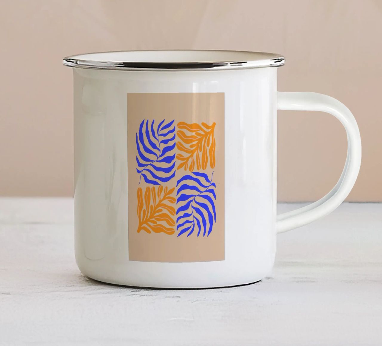 Modern Botanical Art Print | Blue and Orange Abstract Leaves tazza in smalto da PrintCessStudio