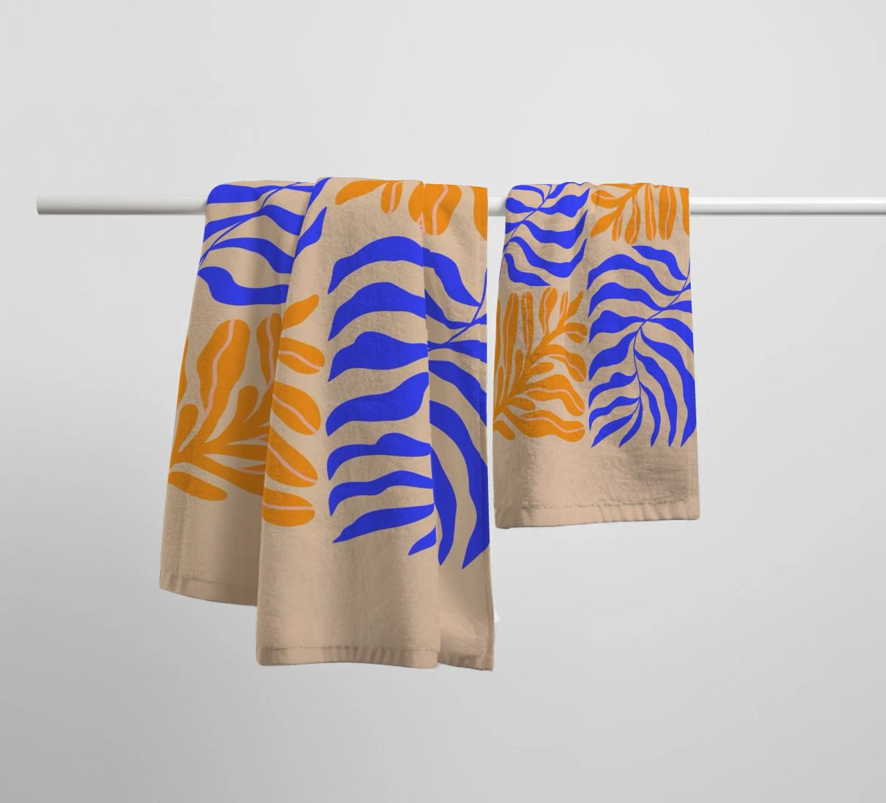 Modern Botanical Art Print | Blue and Orange Abstract Leaves towel by PrintCessStudio