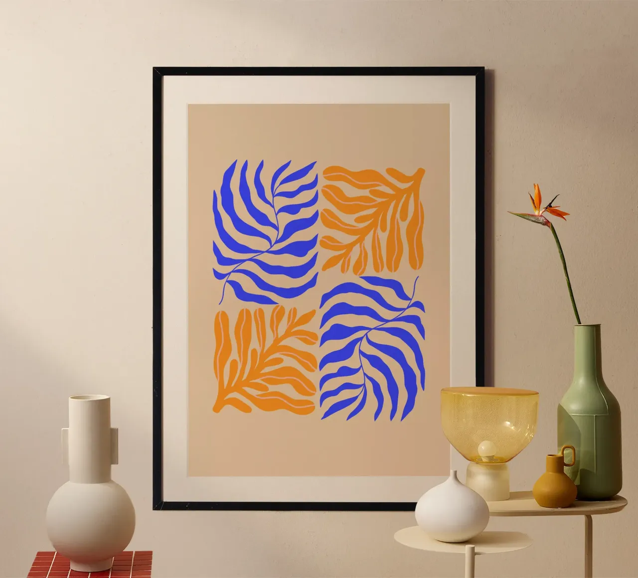 Modern Botanical Art Print | Blue and Orange Abstract Leaves poster da PrintCessStudio