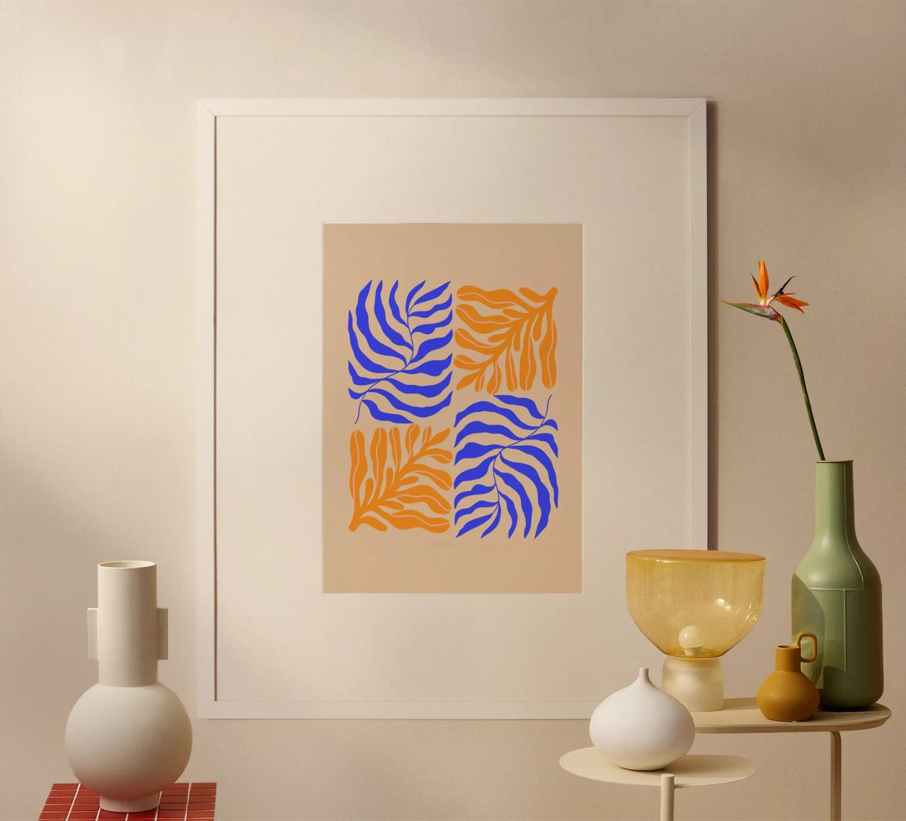 Modern Botanical Art Print | Blue and Orange Abstract Leaves poster by PrintCessStudio
