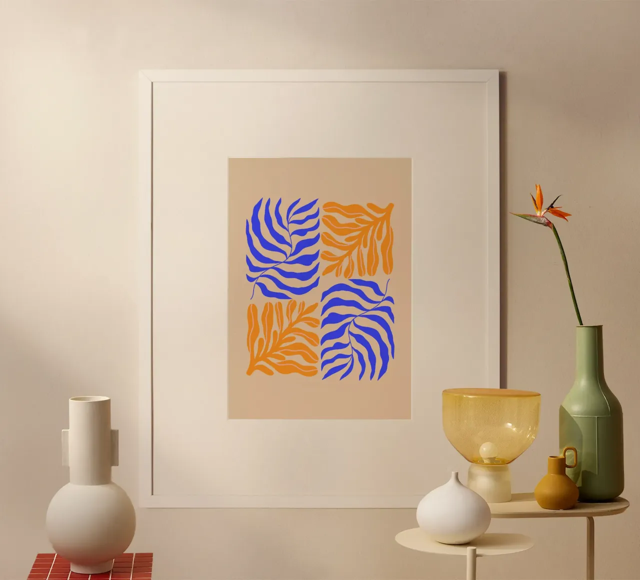 Modern Botanical Art Print | Blue and Orange Abstract Leaves poster da PrintCessStudio