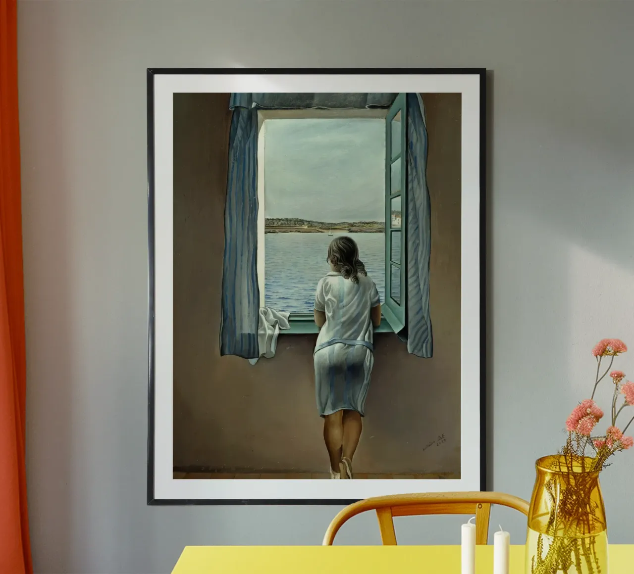 Ragazza alla finestra di Salvador Dalì poster con telaio in alluminio da Rayretr