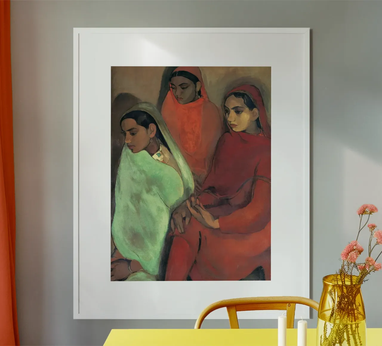 Gruppo di tre ragazze di Amrita Sher-Gil poster con telaio in alluminio da Rayretr