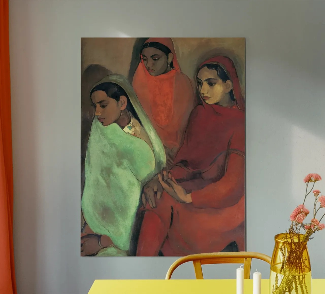 Gruppo di tre ragazze di Amrita Sher-Gil poster con telaio in alluminio da Rayretr