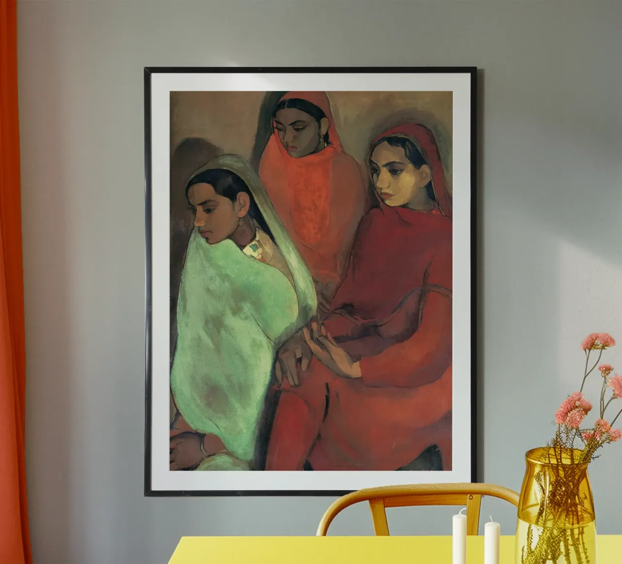 Gruppo di tre ragazze di Amrita Sher-Gil poster con telaio in alluminio da Rayretr