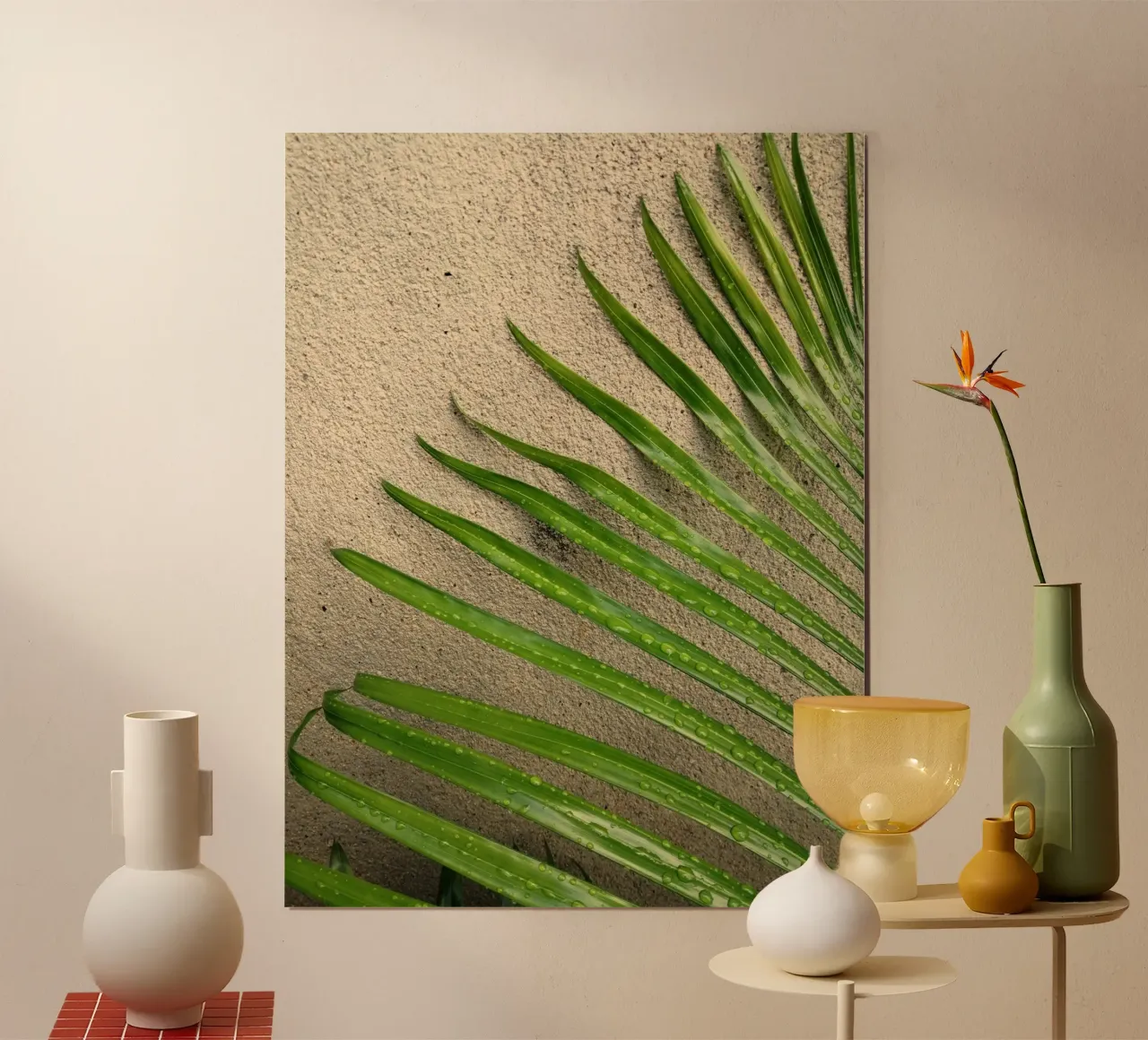 foglia di palma sul muro poster con telaio in alluminio da lesuki