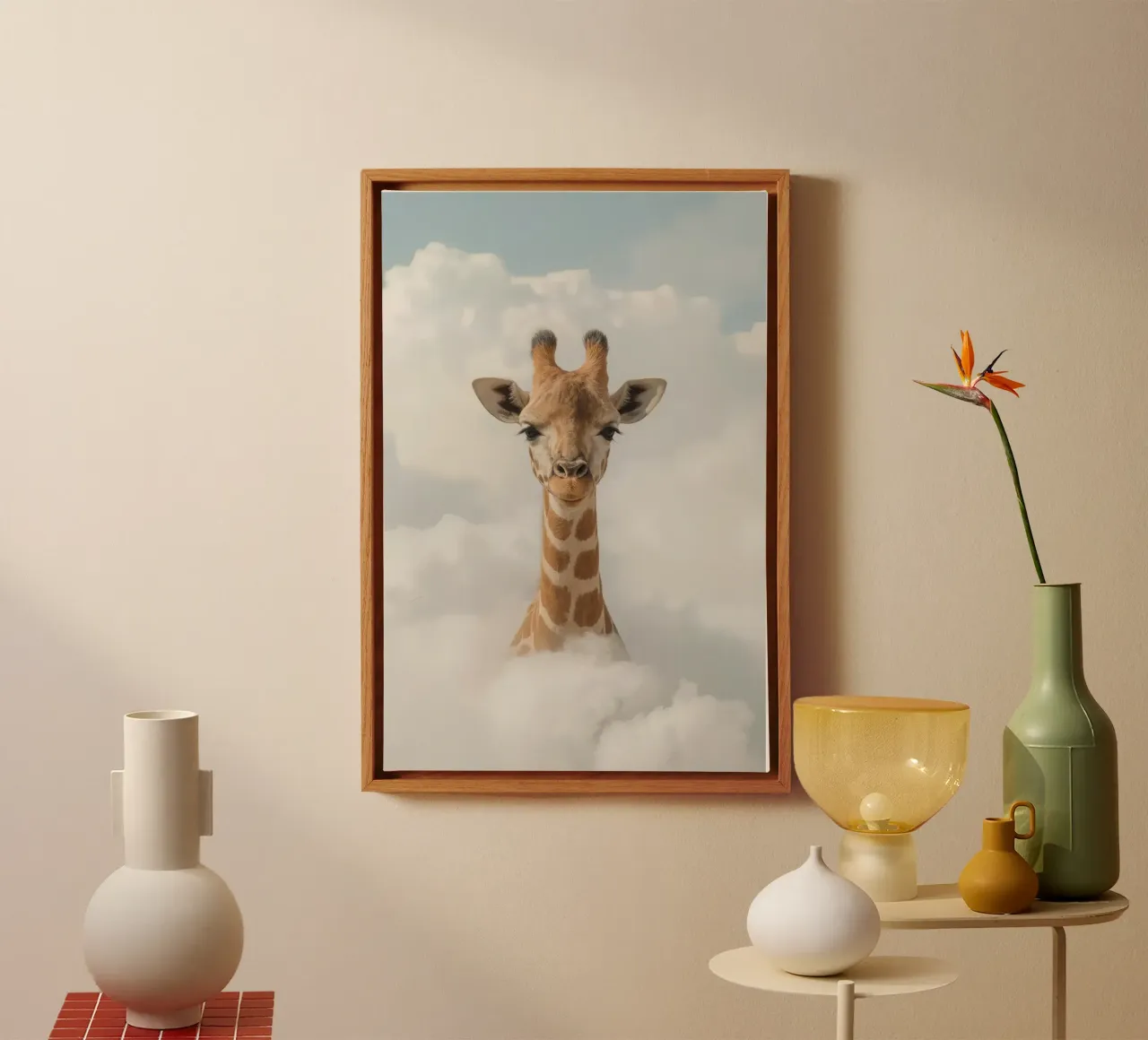 Giraffe in de wolken canvas met Baklijst van DesignDoodle