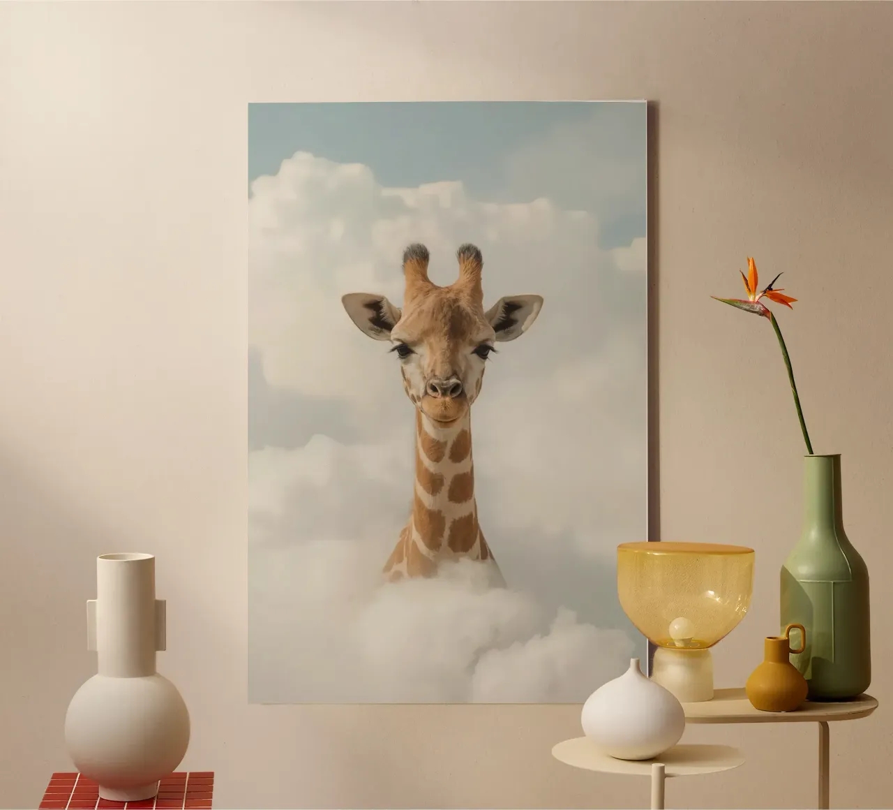 Giraffe in de wolken canvas met Baklijst van DesignDoodle