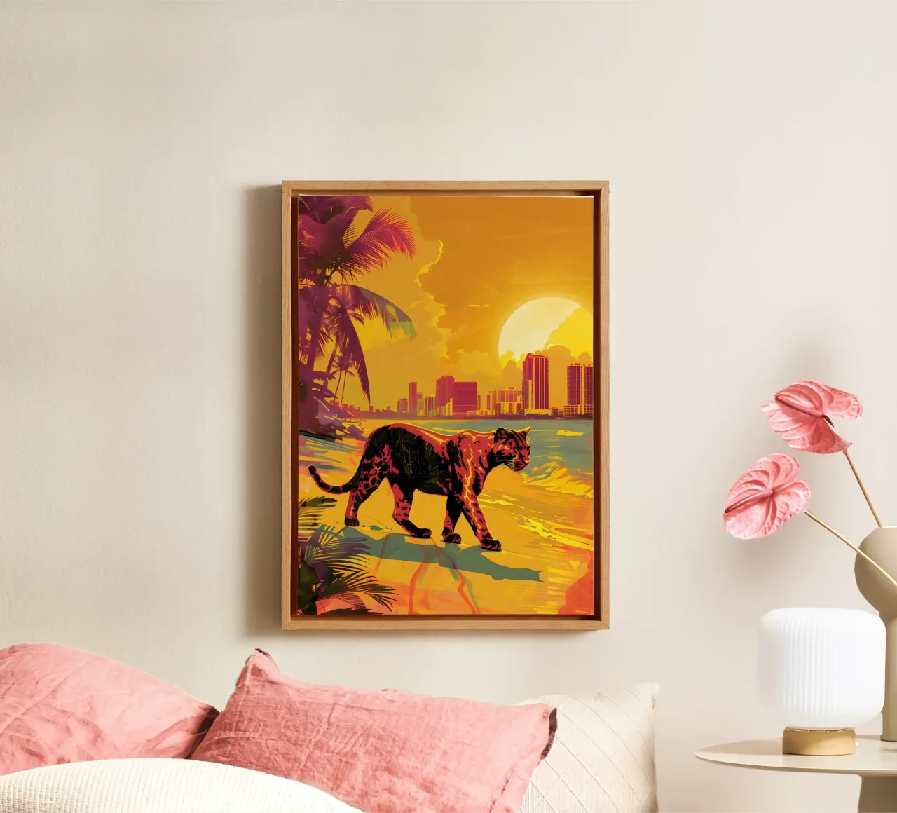 Puma on the beach in Miami canvas with Floater frame by WILD ART